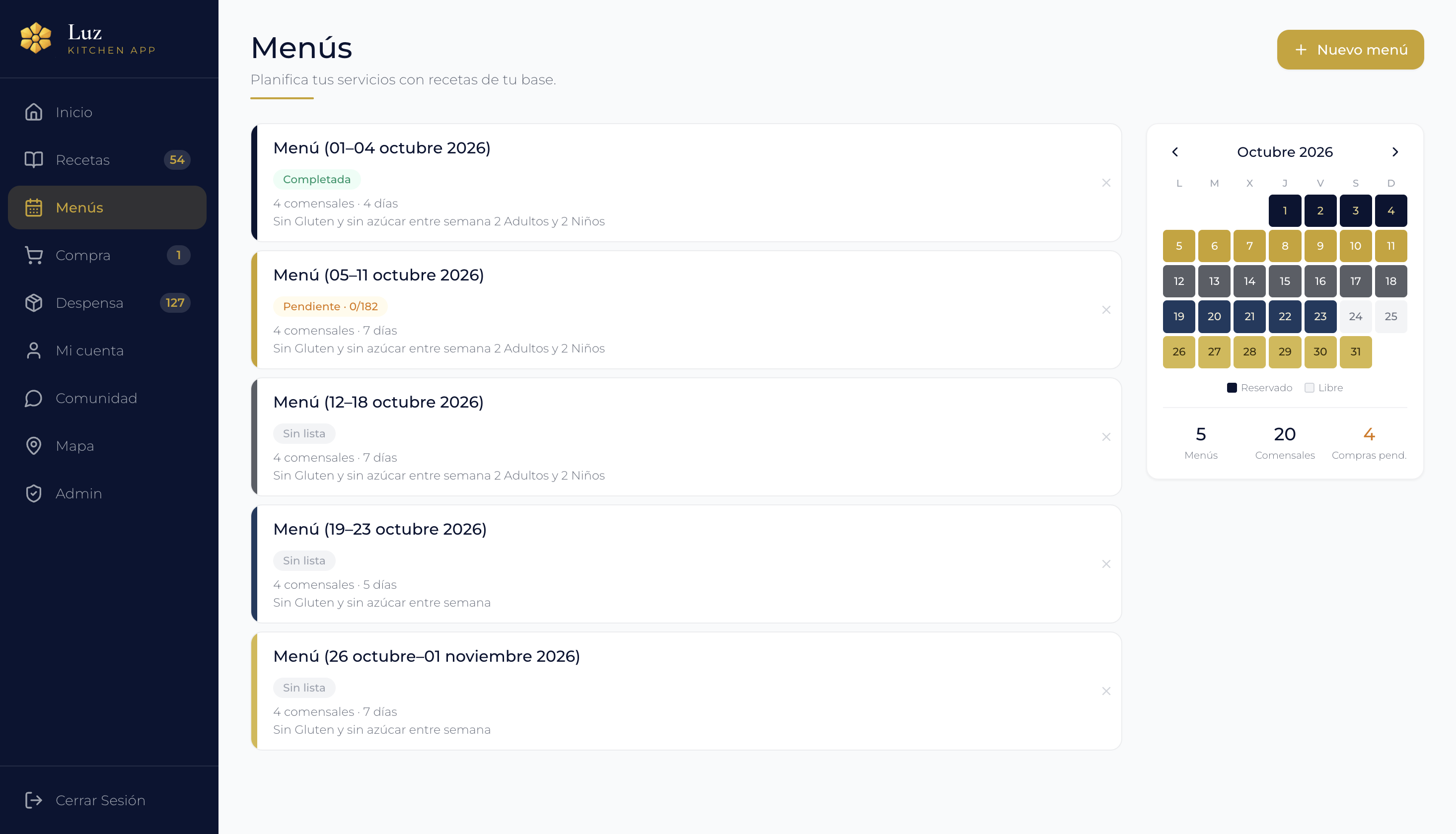 Listado de menús programados con calendario mensual