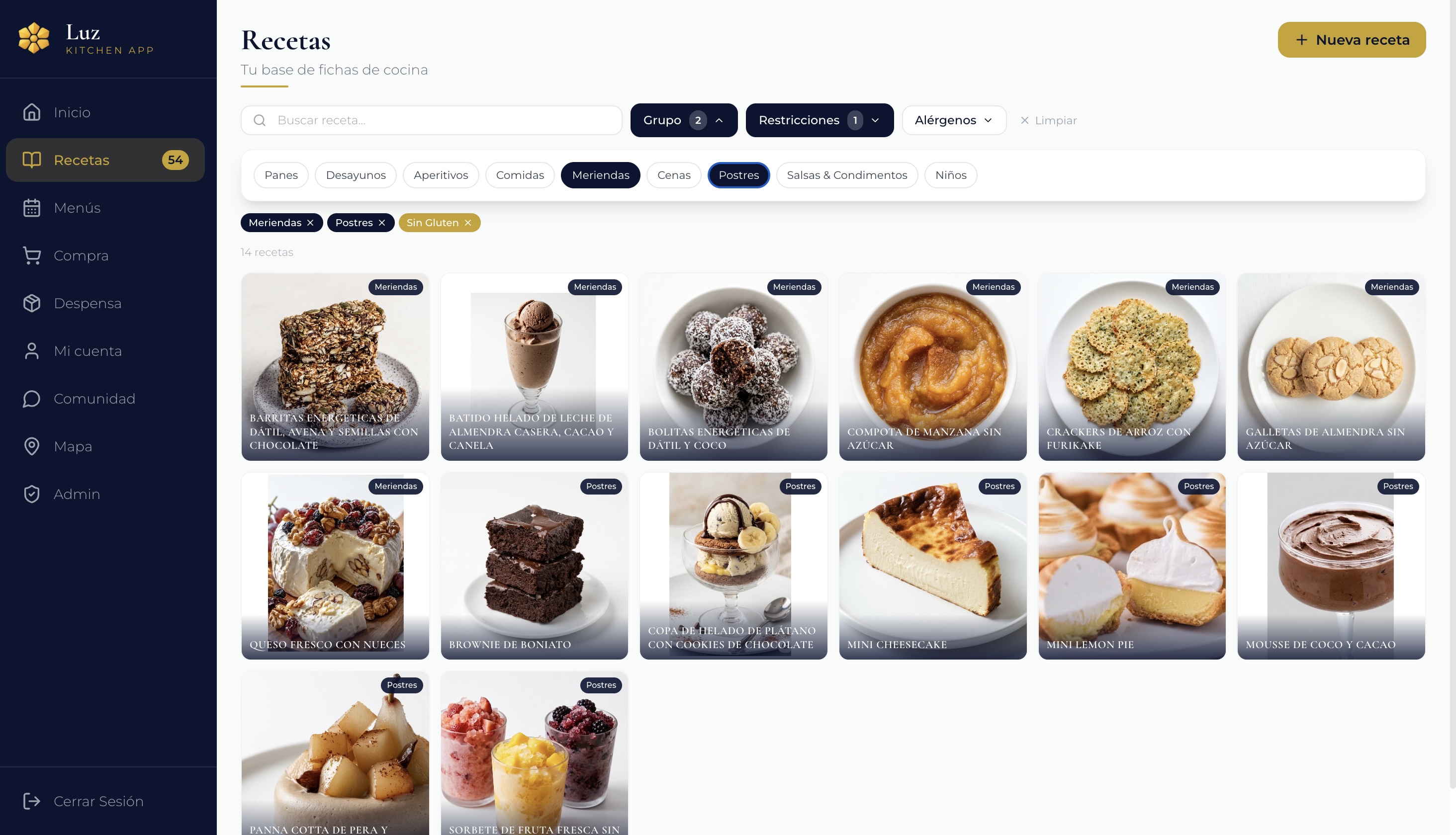 Recetas con filtros de grupo y restricciones activos