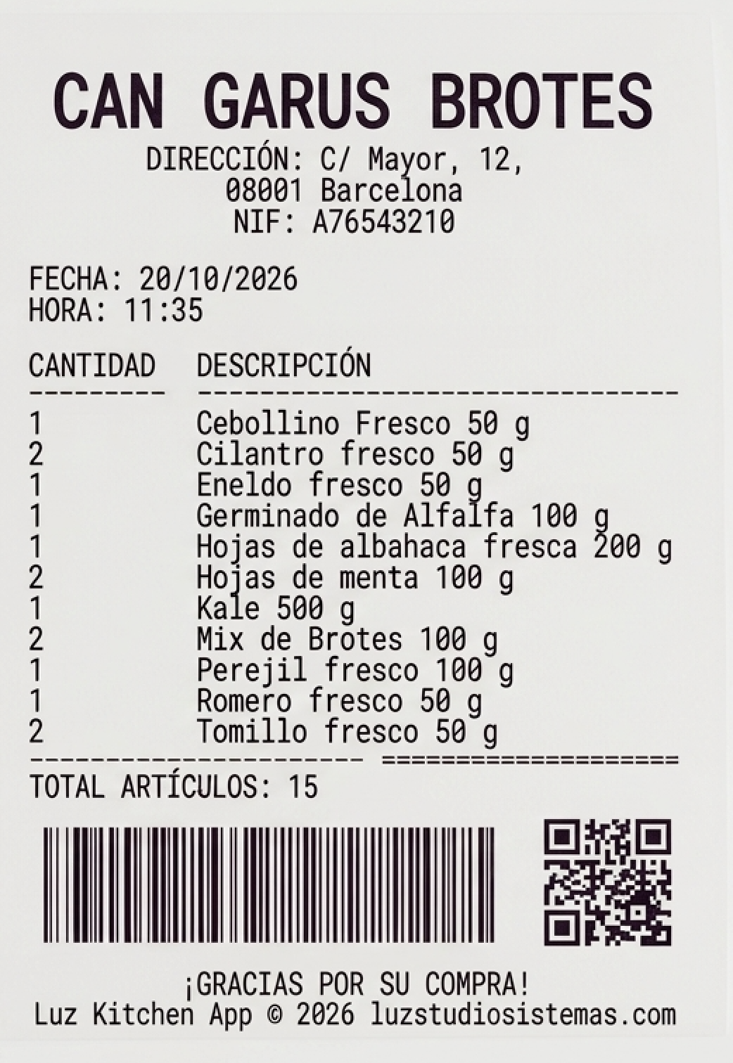 Ticket de compra real — Can Garús Brotes