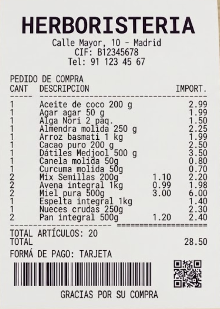 Ticket de compra real — Herboristeria